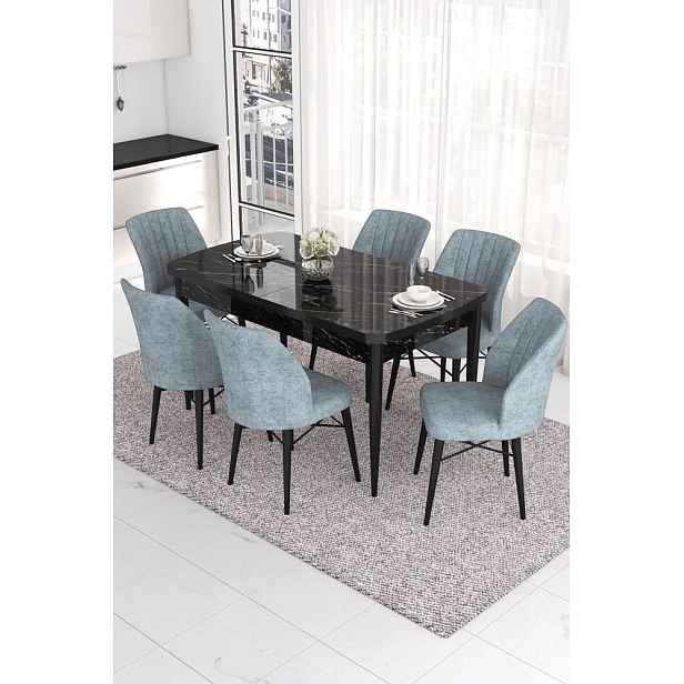 Extendable Dining Table & Chairs Set (7 Pieces) Eva - Black Marble, Grey