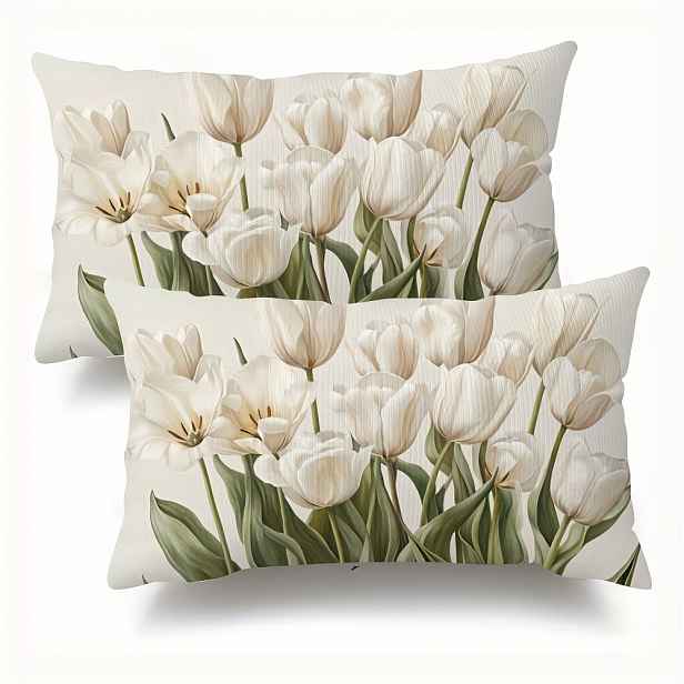 TEMU 2 ks Ultra-měkké krátké plyšové povlaky na polštáře - Design Vintage bílých tulipánů v květu, oboustranný tisk, 12x20 palců, se zipem, vhodné do