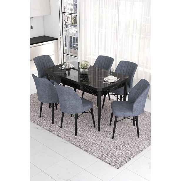 Extendable Dining Table & Chairs Set (7 Pieces) Eva - Black Marble, Fume