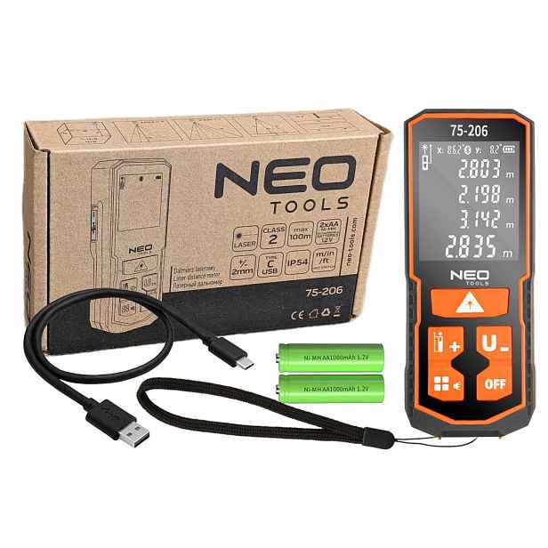 Laserový dálkoměr dosah 100 m IP54 akumulátorový Usb C Neo