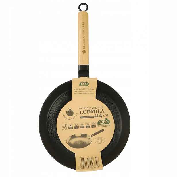 Litinová Pánev Ludmiła 24 CM Wok Dřevěná Rukojeť Indukce Plyn