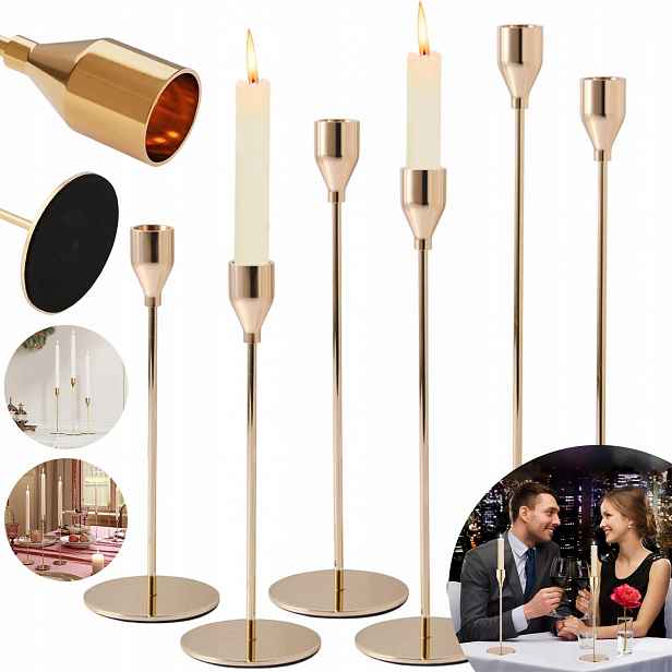 Zlaté Kovové Svícny Glamour Dekorativní Stůl Elegantní Sada 6 Ks