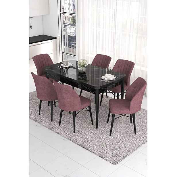 Extendable Dining Table & Chairs Set (7 Pieces) Eva - Black Marble, Dusty Rose