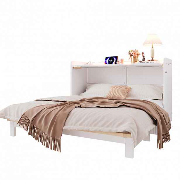 CHICFURN SKLÁPĚCÍ POSTEL 140/200 cm v bílé barvě se zásuvkami, LED, USB a elektrickou zásuvkou