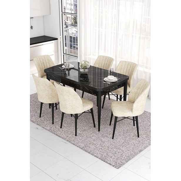 Extendable Dining Table & Chairs Set (7 Pieces) Eva - Black Marble, Cream