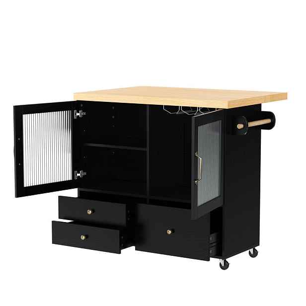 Redom KUCHYŇSKÝ ostrůvek 100/42-70/91,5 cm s výsuvnou pracovní deskou, kolečky a úložným prostorem, Černá a přírodní