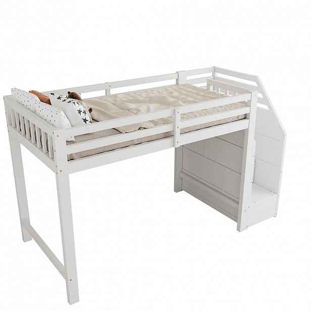 CHICFURN VYVÝŠENÁ POSTEL 90/200 cm v bílé barvě s úložnými schody