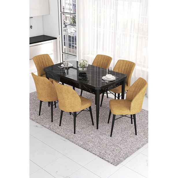 Extendable Dining Table & Chairs Set (7 Pieces) Eva - Black Marble, Cappuccino