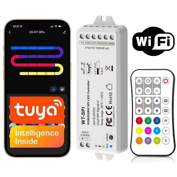 Ovladač Spi WiFi Tuya Led pásek Rgb Cct WS281x adresovatelný tekoucí Pilot