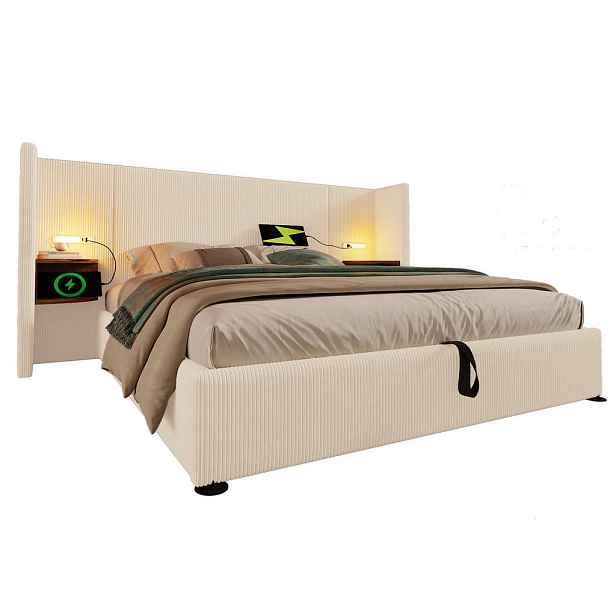 STILVORA POSTELOVÁ SESTAVA 160 × 200 cm, béžový a bílý manšestr, úložný prostor, lampička, USB a Type-C