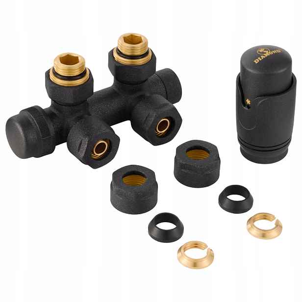 Úhlový Termostatický Set 1/2 Černý Duoplex Pex 16 mm Měď 15 Antracit