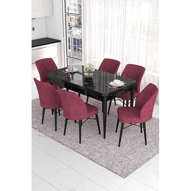 Extendable Dining Table & Chairs Set (7 Pieces) Eva - Black Marble, Burgundy