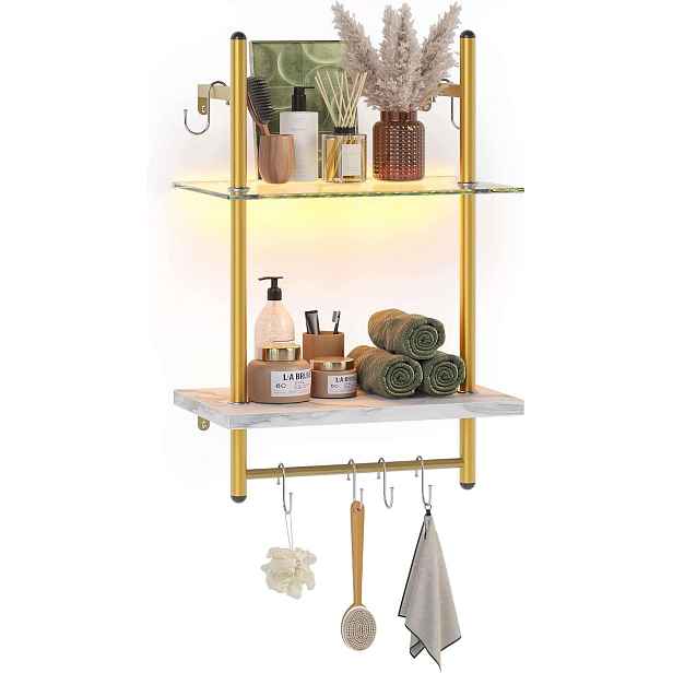 Závěsná koupelnová police s Led podsvícením a háčky 38x19.8x57.9 Cm