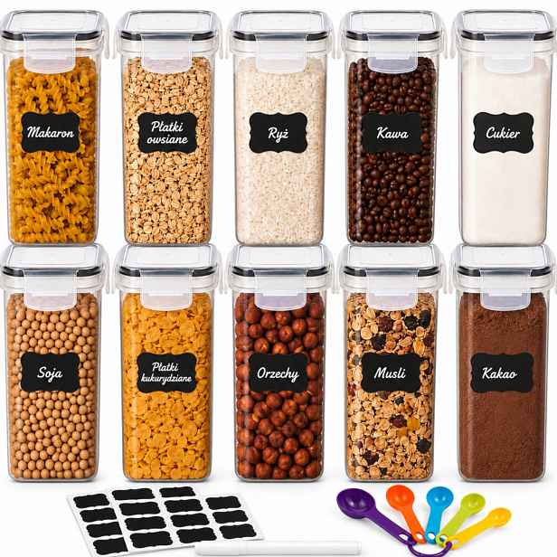 Dózy na potraviny hermetické 10x1,6L kuchyňská sada s etiketou na odměrku