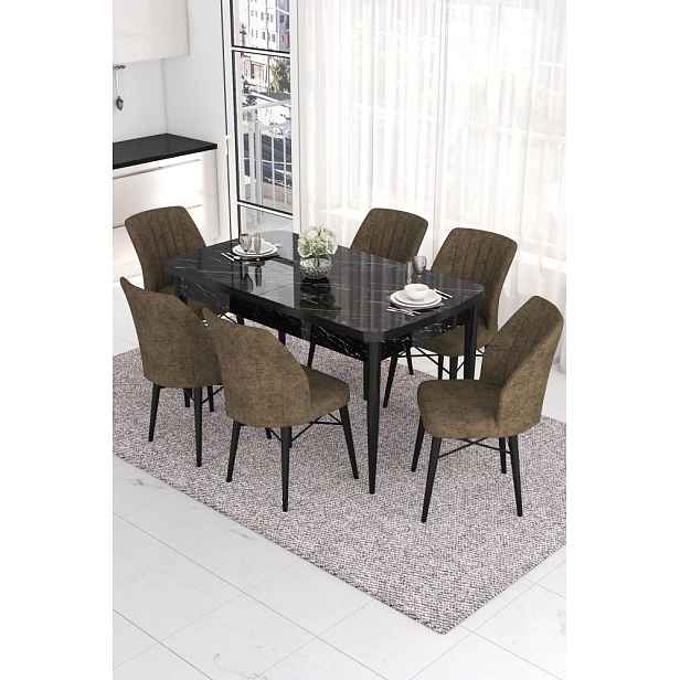 Extendable Dining Table & Chairs Set (7 Pieces) Eva - Black Marble, Brown