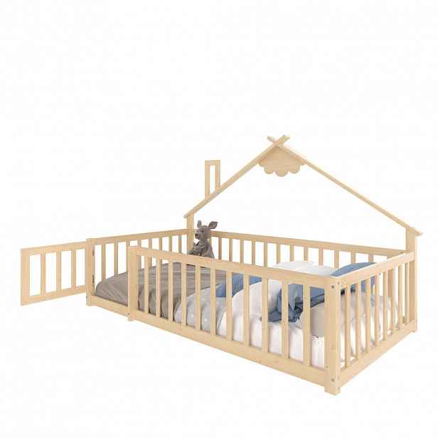 CHICFURN DĚTSKÁ POSTEL 90/190 cm v přírodní barvě ve tvaru domečku se zábranou a zámkem z borovice