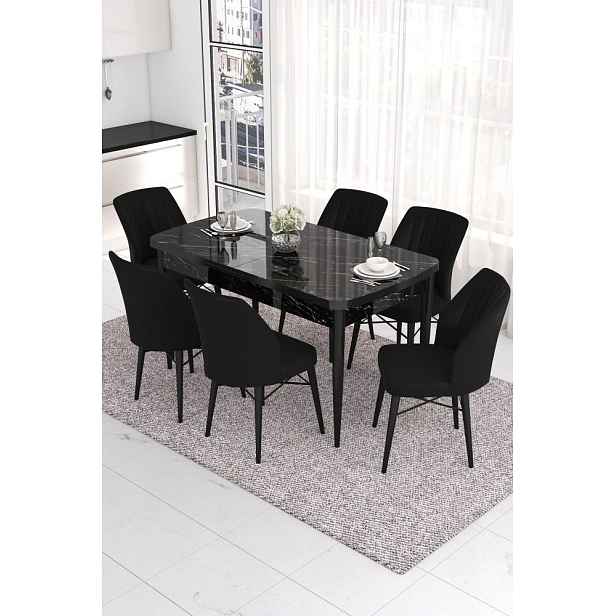 Extendable Dining Table & Chairs Set (7 Pieces) Eva - Black Marble, Black