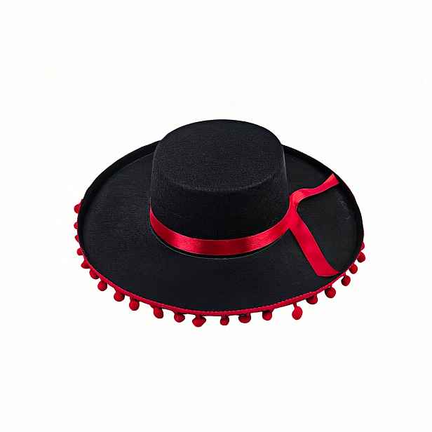TEMU Zorro plstěný klobouk s bambulí, mexický styl klobouk se širokým okrajem pro Halloween, Den mrtvých, karnevalovou maškarní párty a cosplay