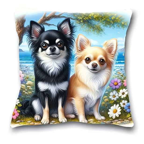 TEMU 1ks Chihuahua Print Throw Pillow Cover, měkký polyester, 18x18 palců, zipová uzavírka, vhodné pro domácnost, ložnici, obývací pokoj, pohovku,
