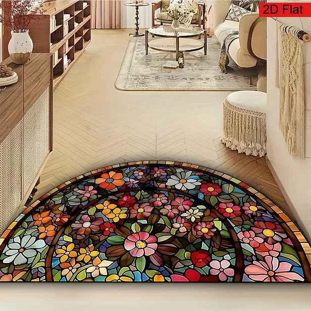 TEMU 2D Plochá 1ks Klasická Vintage Stylová Uvítací Rohož s Barevným Květinovým Vzorem, Polokruhový Tištěný Design, Protiskluzová, Pratelná v Pračce,