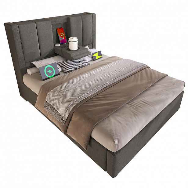 CHICFURN ČALOUNĚNÁ POSTEL 90/200 cm v šedé barvě s úložným prostorem, USB a Type-C