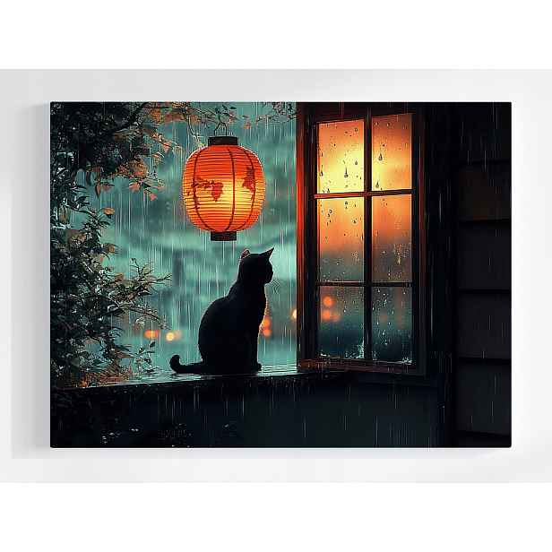 Plakát Večer Noc Déšť Liják Lampion Černá Kočka 100x75