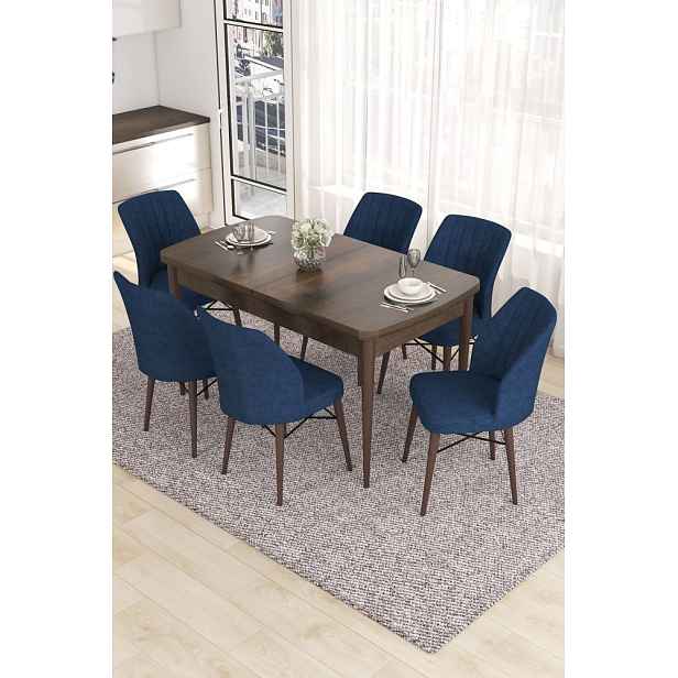Extendable Dining Table & Chairs Set (7 Pieces) Eva - Baroque, Navy Blue