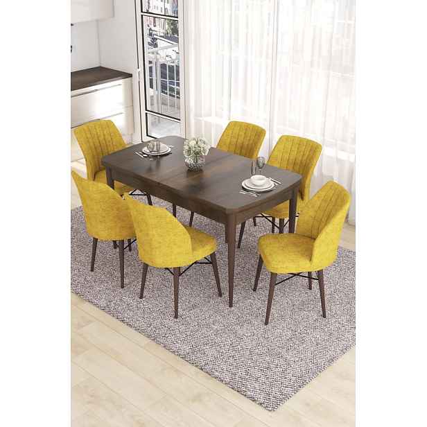 Extendable Dining Table & Chairs Set (7 Pieces) Eva - Baroque, Mustard