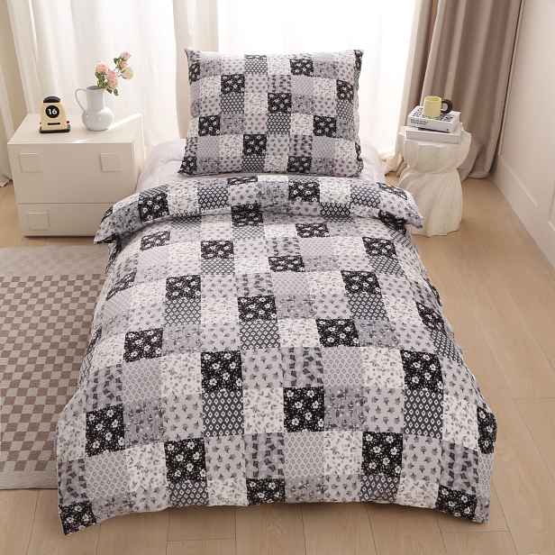 Mikroplyšové povlečení Premium 140x200+70x90 Patchwork šedočerný