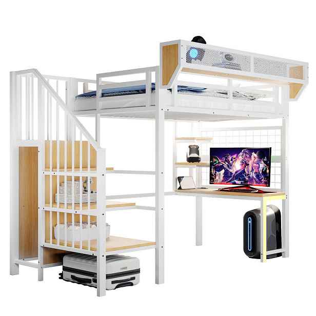 OKWISH BÍLÁ kovová patrová postel (90/200 cm) s psacím stolem a úložným prostorem