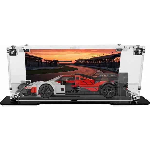 Vitrína s černou základnou a pozadím pro sadu Lego 76916 – Porsche 963