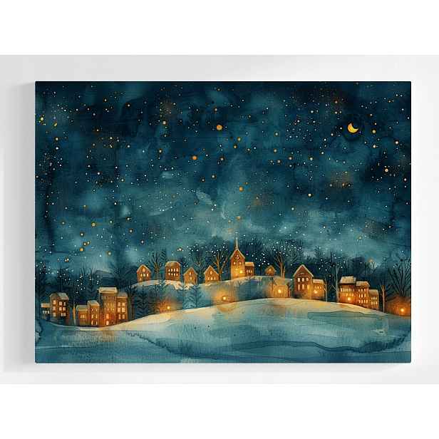 Plakát Noc Městečko Nebe Měsíc Zima Sníh Mráz 100x75