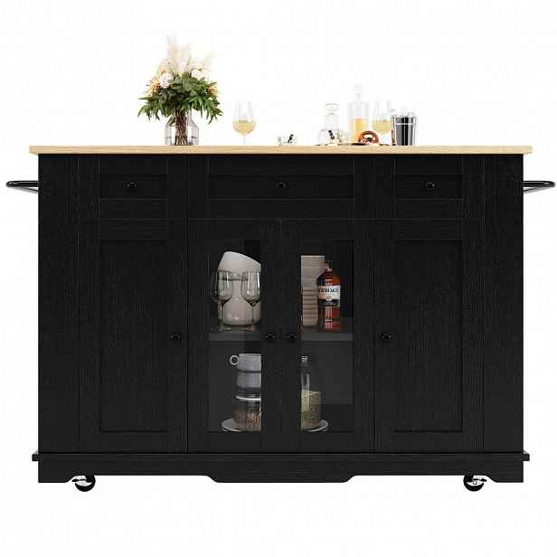 OKWISH KUCHYŇSKÝ ostrůvek 151,5/85/91,7 cm černá a přírodní z MDF, kovu a skla s výklopnou deskou
