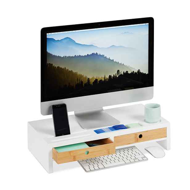 Relaxdays PODSTAVEC Bílá Přírodní na monitor 2-Zásuvky