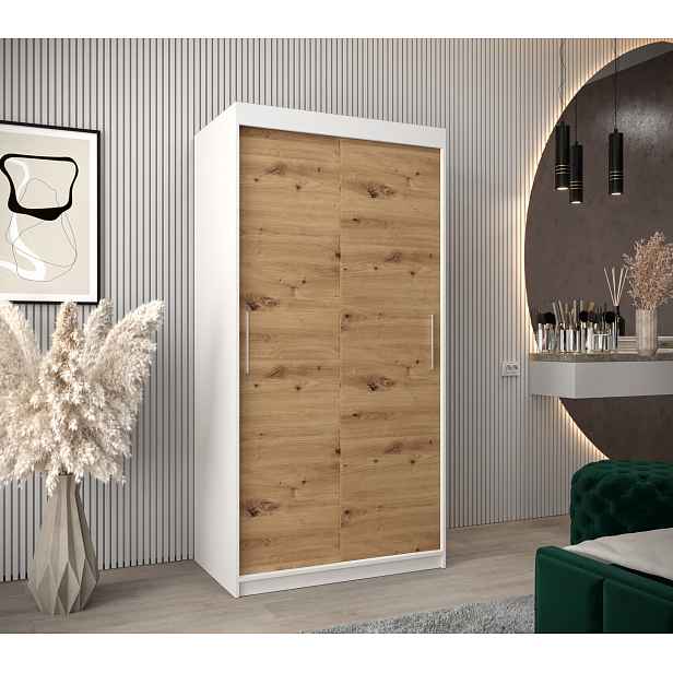 Šatní skříň Abi T0 s posuvnými dveřmi Barva korpusu: Bílá, Rozměry: 100 cm, Dveře: Dub artisan