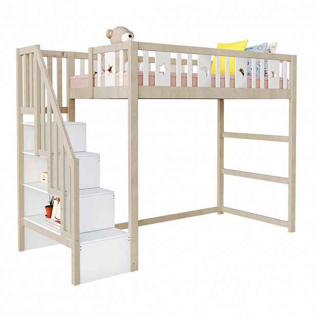 CHICFURN VYVÝŠENÁ POSTEL 90/200 cm v bílé a přírodní barvě s policemi ve schůdcích