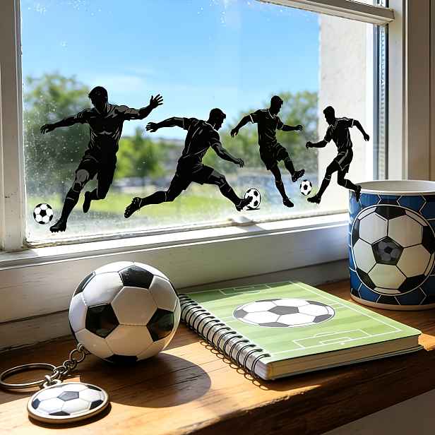TEMU Kreativní samolepky na sklo s siluetou fotbalisty, statické, bez lepidla, opakovaně použitelné, 3vrstvé barevné-bílé-barevné tisk, oboustranné