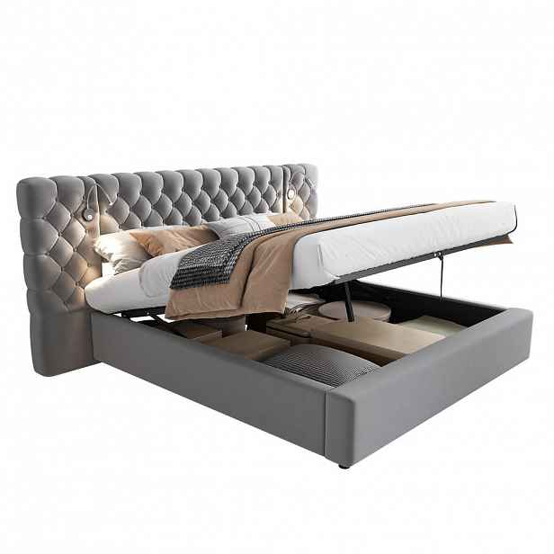 CHICFURN ČALOUNĚNÁ POSTEL 180/200 cm v šedé barvě se sametem, úložným prostorem a lampičkou
