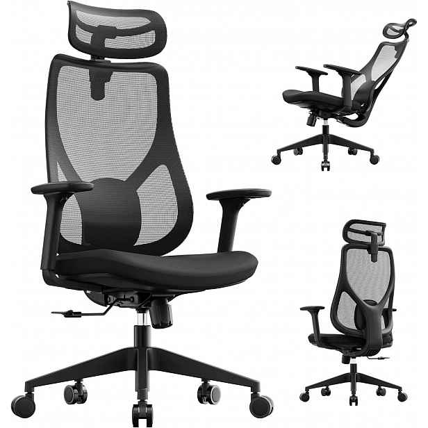 Kancelářské Křeslo Ergonomické Herní Síťované Područky 3D Černé