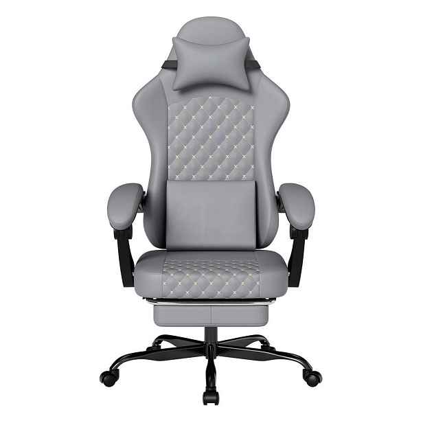 Redom HERNÍ židle 77/57/25 cm z kůže s polohováním, výsuvnou podnožkou a ergonomickou oporou, Šedá