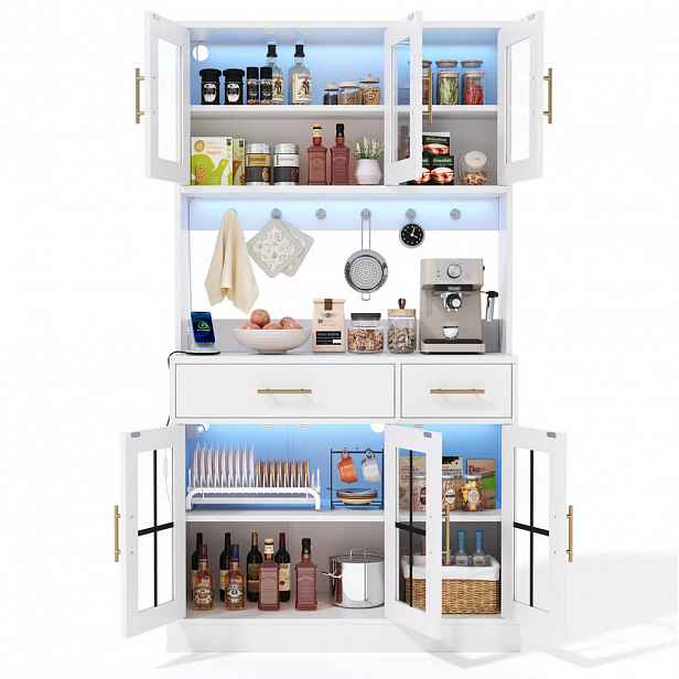 Redom KUCHYŇSKÝ buffet 180/100 cm s LED osvětlením ovládaným aplikací, 6 dvířky, 2 zásuvkami a nastavitelnými policemi, MDF, Bílá