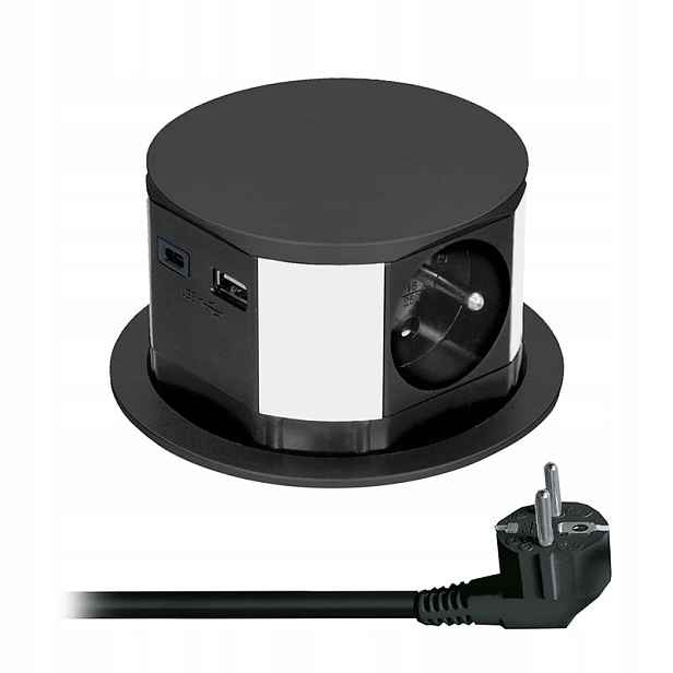 Výsuvný blok zásuvek 3 x 16 A Usb A+c 20W Pd, kabel 2m, černý
