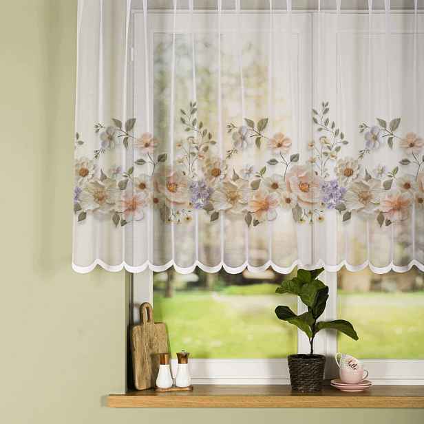 Květiny S 3D Efektem Vyšívání Záclona D178M 300x110 cm Šitá S Páskou