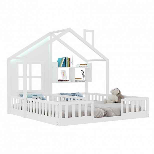 CHICFURN DĚTSKÁ POSTEL 90/200 cm & 90/200 cm v bílé barvě s LED osvětlením a zábranami