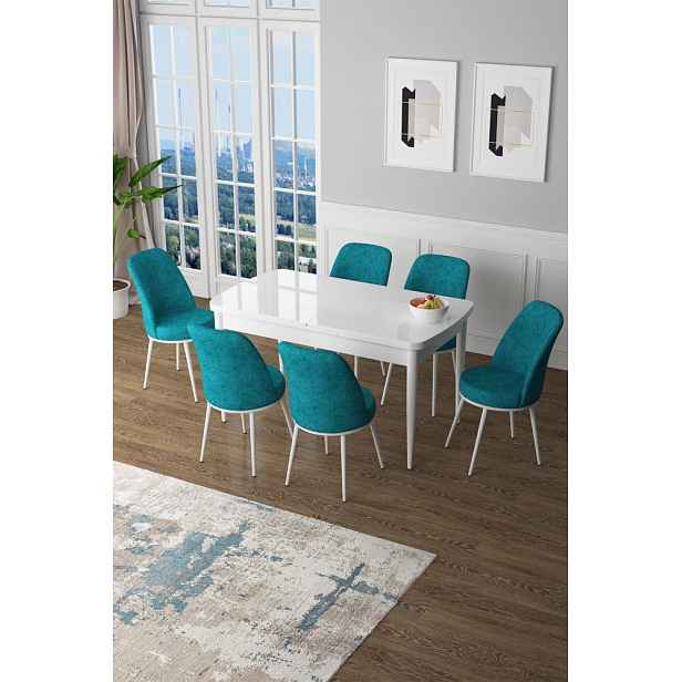 Extendable Dining Table & Chairs Set (7 Pieces) Zen - White, Turquoise