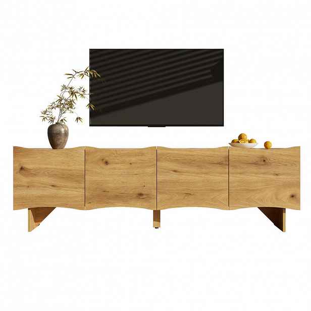Redom TV stolek 155/36/47 cm s vlnitými dvířky a kabelovými průchodkami, úložný prostor, Natural