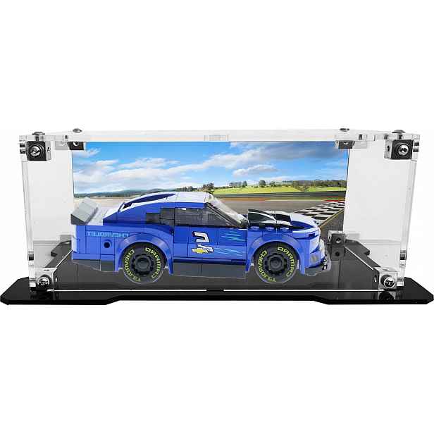 Vitrína s černou základnou a pozadím pro sadu Lego 75891 Chevrolet Camaro ZL1