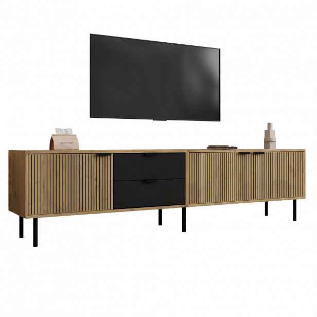 STILVORA TV STOLEK v dekoru dřeva s organizérem kabelů, pro TV 85 palců, 208×40×48 cm