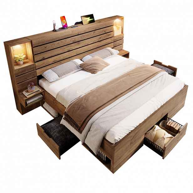 CHICFURN POSTEL 180/200 cm v dubovém dekoru s LED osvětlením, USB a Type-C