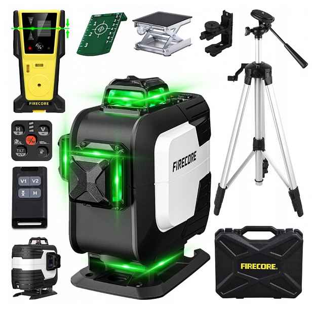 Křížový Laser Firecore F94 El 4D 360° Zelený IP64 Senzor Hliníkový Stativ